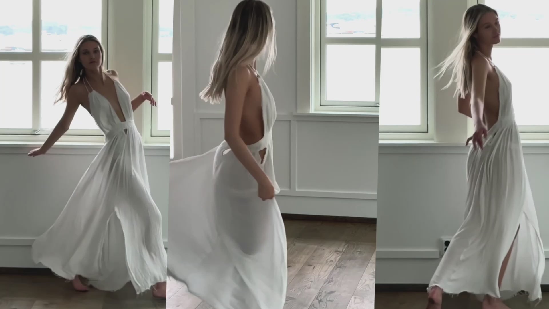 Load video: Video modell danser i hvit maxi kjole
